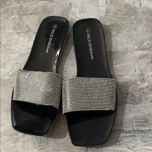 Wild Diva Black and Silver Crystal Slide Sandals